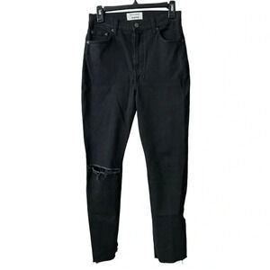 Reformation Black High-Rise Straight Leg Jeans | Raw Hem Distressed | Size 28